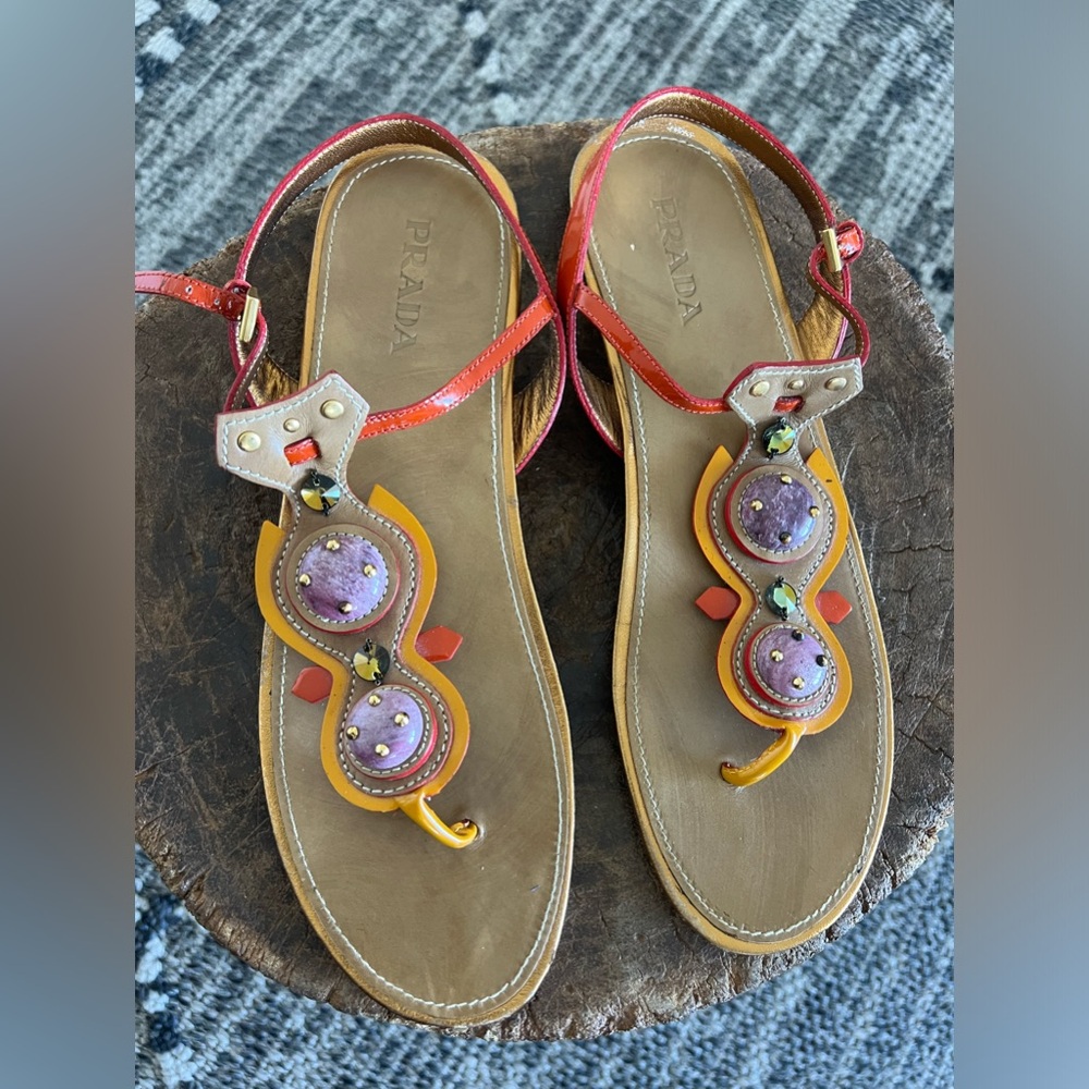 Prada flat sandals with details in stones patent leather orange size 39,5